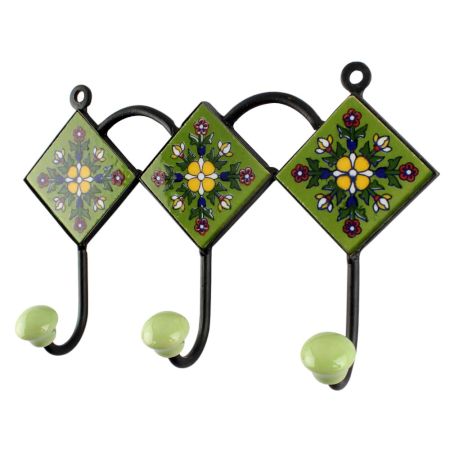 Ceramic Floral Tile Hook in Pea Green